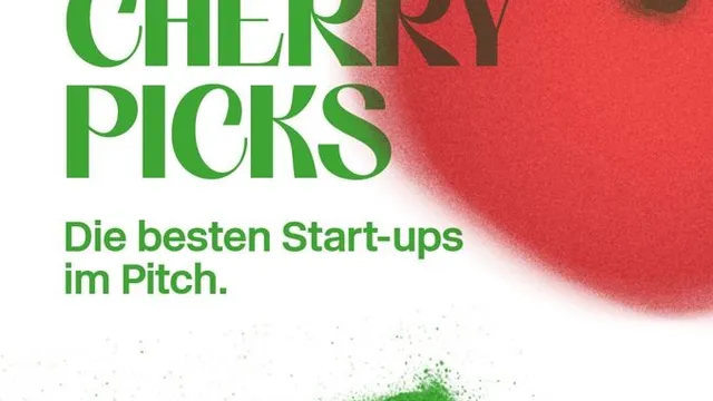 Rote Kirsche mit grünem Stiel und grünem Text 'CHERRY PICKS Die besten Start-ups im Pitch. Jetzt bewerben!'