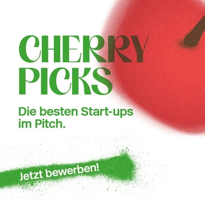 Rote Kirsche mit grünem Stiel und grünem Text 'CHERRY PICKS Die besten Start-ups im Pitch. Jetzt bewerben!'