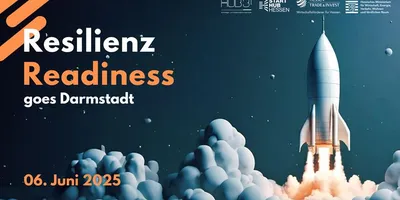 Rakete startet in einer surrealen Wolkenlandschaft mit Text 'Resilienz Readiness goes Darmstadt 06. Juni 2025' und Logos von HUB31, Start Hub Hessen, Hessen Trade & Invest