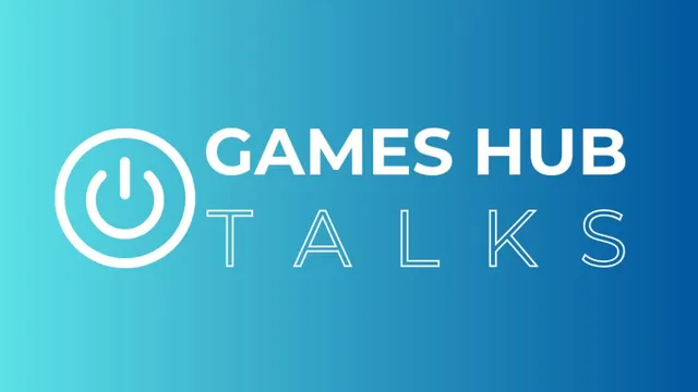 Weißes Power-Symbol links neben dem Text 'GAMES HUB TALKS' auf blauem Verlaufshintergrund.