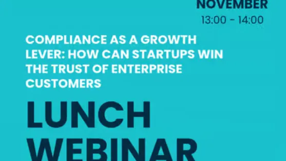 Plakat mit Ankündigung eines Lunch-Webinars am 11. November von 13 bis 14 Uhr zum Thema Compliance als Wachstumstreiber für Startups, organisiert von TechQuartier und Copla.