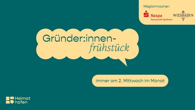 Grüner Hintergrund mit gelben Sprechblasen, Text 'Gründer:innen-frühstück' und 'immer am 2. Mittwoch im Monat', Logos von Naspa und Wiesbaden, Logo Heimat Hafen