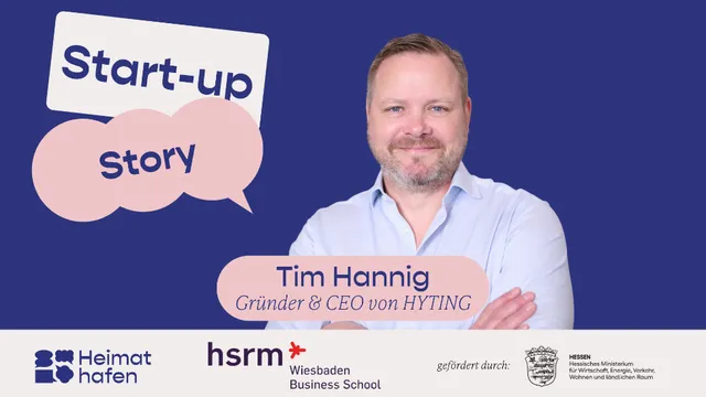 Porträt eines lächelnden Mannes mit verschränkten Armen vor blauem Hintergrund mit Sprechblasen und Texten zu Start-up Story und Tim Hannig Gründer & CEO von HYTING