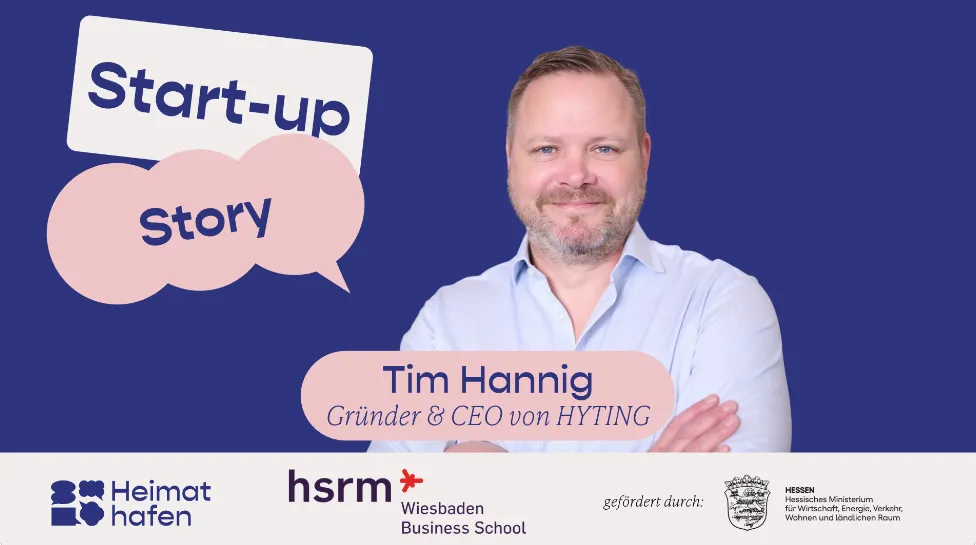 Porträt eines lächelnden Mannes mit verschränkten Armen vor blauem Hintergrund mit Sprechblasen und Texten zu Start-up Story und Tim Hannig Gründer & CEO von HYTING