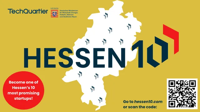 Karte von Hessen mit Logo und Text 'HESSEN 10', Aufruf zur Teilnahme an Programm für Hessens 10 vielversprechendste Startups, QR-Code und Webadresse hessen10.com