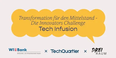 Sprechblase mit dem Text 'Transformation für den Mittelstand - Die Innovators Challenge Tech Infusion' über den Logos von WI Bank, TechQuartier und DREI RAUM