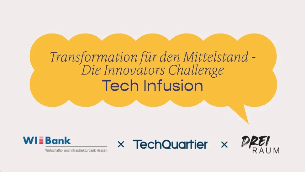 Sprechblase mit dem Text 'Transformation für den Mittelstand - Die Innovators Challenge Tech Infusion' über den Logos von WI Bank, TechQuartier und DREI RAUM