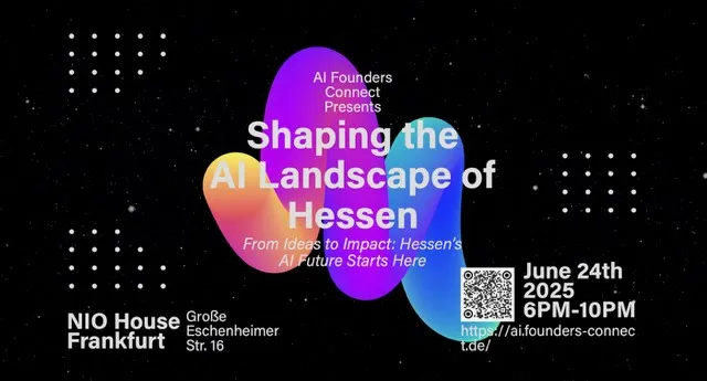 Veranstaltungsplakat für 'Shaping the AI Landscape of Hessen' am 24. Juni 2025 von 18 bis 22 Uhr im NIO House Frankfurt, Große Eschenheimer Str. 16, mit QR-Code und Website-Link.