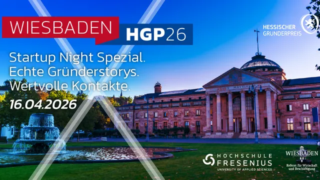 Historisches Gebäude mit Kuppel und Springbrunnen im Vordergrund bei Abendlicht mit Text zu Startup Night Spezial am 16.04.2026 in Wiesbaden
