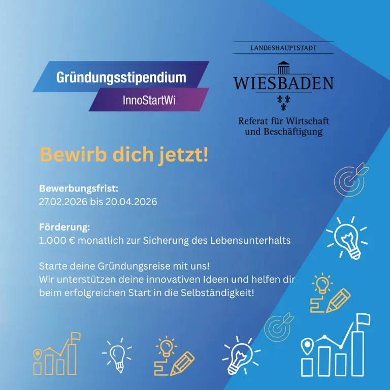 Plakat mit Informationen zum Gründungsstipendium InnoStartWi der Landeshauptstadt Wiesbaden mit Bewerbungsfrist, Förderhöhe und motivierenden Texten vor blauem Hintergrund und Symbolen für Ideen, Wachstum und Erfolg