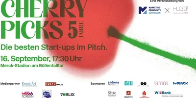 Plakat mit grün-rotem Farbverlauf und Text zu einer Veranstaltung namens 'CHERRY PICKS 5 Jahre' am 16. September um 17:30 Uhr im Merck-Stadion am Böllenfalltor mit Logos von Medienpartnern und Sponsoren