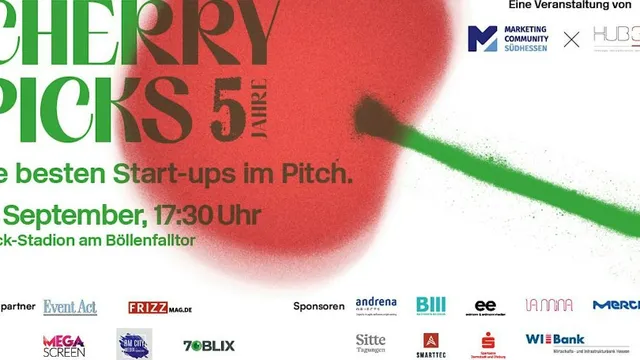 Plakat mit grün-rotem Farbverlauf und Text zu einer Veranstaltung namens 'CHERRY PICKS 5 Jahre' am 16. September um 17:30 Uhr im Merck-Stadion am Böllenfalltor mit Logos von Medienpartnern und Sponsoren