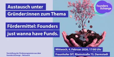 Zwei Hände halten Erde mit einem kleinen Baum, aus dem Münzen wachsen, daneben Text zu einem Gründer:innen-Austausch am 4. Februar 2026 in Darmstadt.