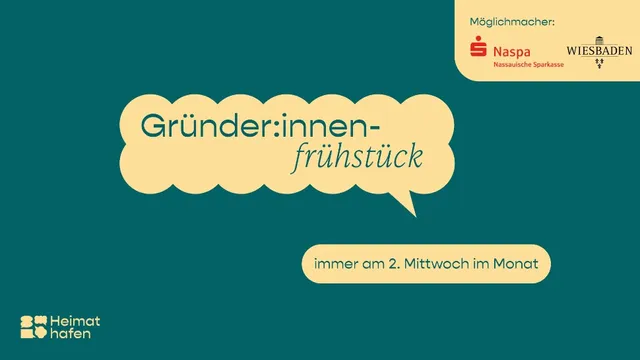 Grüner Hintergrund mit gelben Sprechblasen und Text zu Gründerinnenfrühstück am zweiten Mittwoch im Monat sowie Logos von Naspa und Wiesbaden
