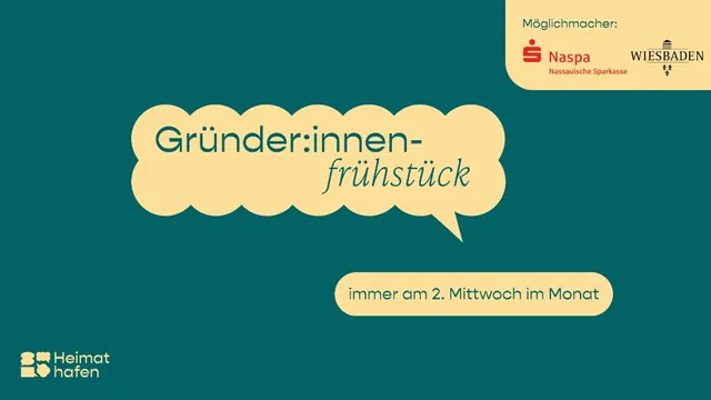 Sprechblase mit dem Text 'Gründer:innen-frühstück' und darunter ein kleinerer Text 'immer am 2. Mittwoch im Monat' auf grünem Hintergrund, oben rechts Logos von Naspa und Wiesbaden, unten links Logo von Heimathafen