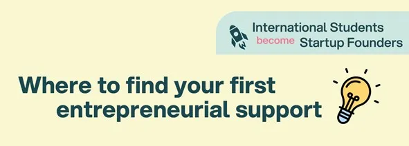 Text auf hellem Hintergrund mit der Überschrift 'Where to find your first entrepreneurial support' und dem Logo 'International Students become Startup Founders' neben einer stilisierten Glühbirne