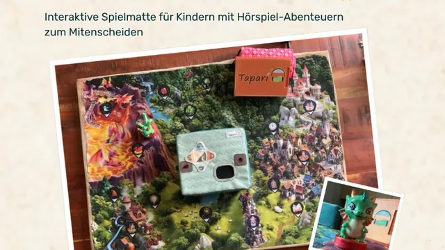 Werbeplakat für die limitierte Pilot Edition von Tapari mit Fotos einer interaktiven Spielmatte, einer Spielbox und einer kleinen grünen Drachenfigur