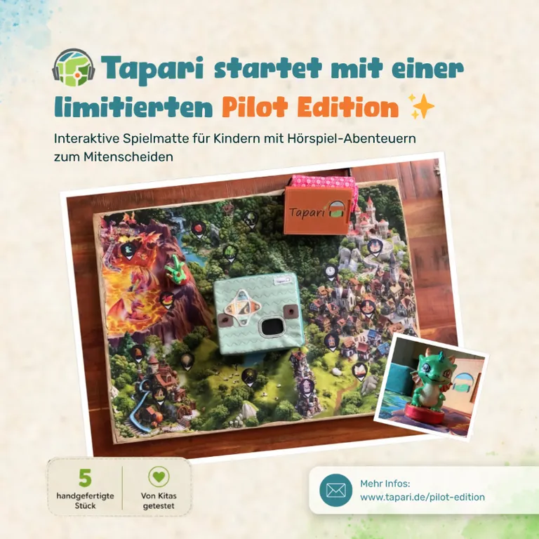 Werbeplakat für die limitierte Pilot Edition von Tapari mit Fotos einer interaktiven Spielmatte, einer Spielbox und einer kleinen grünen Drachenfigur
