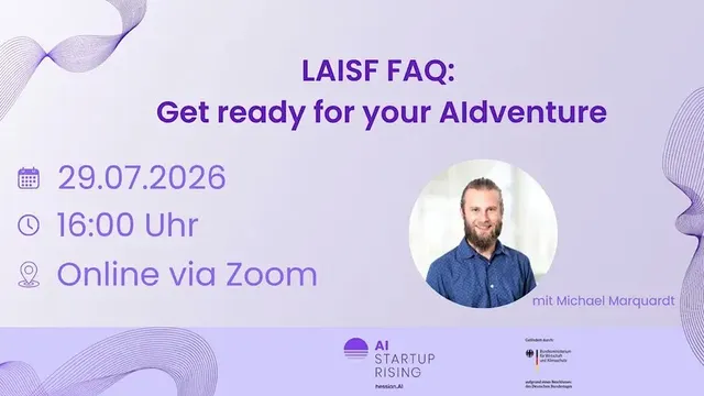 Plakat mit Informationen zu einer Online-Veranstaltung am 29.07.2026 um 16 Uhr via Zoom mit Porträtfoto eines Mannes und Text 'LAISF FAQ: Get ready for your Aldventure'