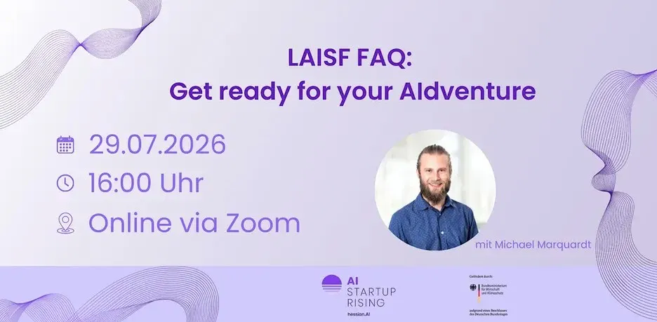Plakat mit Informationen zu einer Online-Veranstaltung am 29.07.2026 um 16 Uhr via Zoom mit Porträtfoto eines Mannes und Text 'LAISF FAQ: Get ready for your Aldventure'
