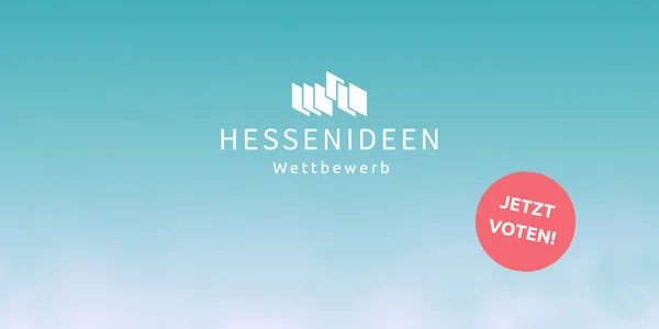 Blau-grüner Hintergrund mit weißem Logo und Schriftzug 'HESSENIDEEN Wettbewerb' sowie rotem Kreis mit weißer Aufschrift 'JETZT VOTEN!'