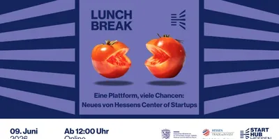 Zwei Tomaten, eine mit offenem Mund wie Pac-Man, auf einem blauen Plakat mit Text zu einem Online-Event am 9. Juni 2026 von Hessens Center of Startups