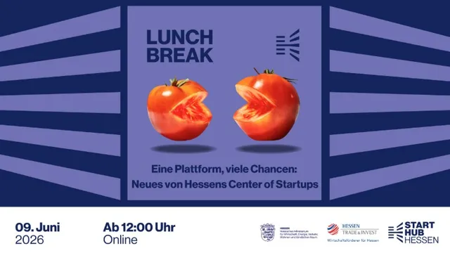 Zwei Tomaten, eine mit offenem Mund wie Pac-Man, auf einem blauen Plakat mit Text zu einem Online-Event am 9. Juni 2026 von Hessens Center of Startups