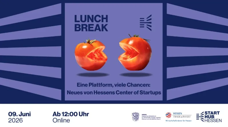 Zwei Tomaten, eine mit offenem Mund wie Pac-Man, auf einem blauen Plakat mit Text zu einem Online-Event am 9. Juni 2026 von Hessens Center of Startups