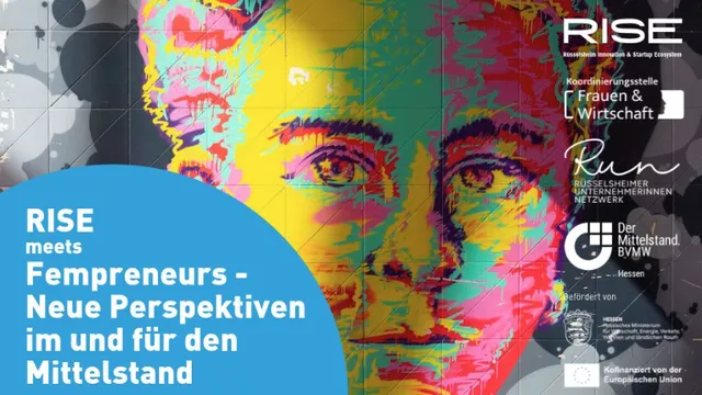 Buntes, stilisiertes Porträt einer Frau mit Text in blauem Kreis zu Veranstaltung RISE meets Fempreneurs am 30.10.2026 in Rüsselsheim