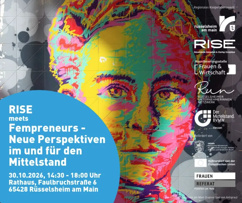 Buntes, stilisiertes Porträt einer Frau mit Text in blauem Kreis zu Veranstaltung RISE meets Fempreneurs am 30.10.2026 in Rüsselsheim