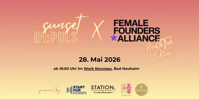 Plakat mit Text zu einer Veranstaltung am 28. Mai 2026 ab 18 Uhr im Work Nouveau Bad Nauheim mit den Logos von Start Hub Hessen, Station Frankfurt/Main/Köln, Impuls e.V. und weiteren Partnern