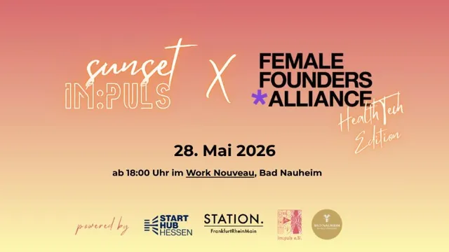 Plakat mit Text zu einer Veranstaltung am 28. Mai 2026 ab 18 Uhr im Work Nouveau Bad Nauheim mit den Logos von Start Hub Hessen, Station Frankfurt/Main/Köln, Impuls e.V. und weiteren Partnern