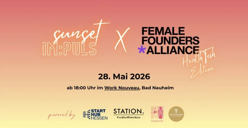 Plakat mit Text zu einer Veranstaltung am 28. Mai 2026 ab 18 Uhr im Work Nouveau Bad Nauheim mit den Logos von Start Hub Hessen, Station Frankfurt/Main/Köln, Impuls e.V. und weiteren Partnern