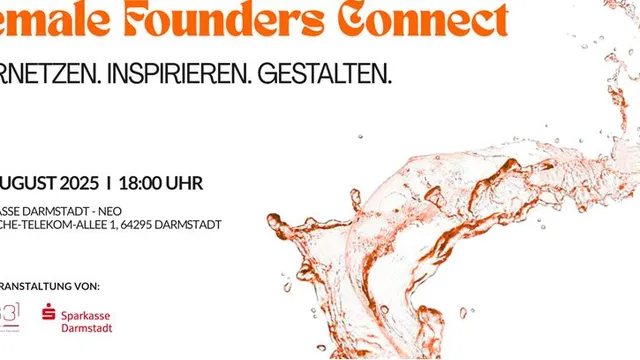 Plakat für Female Founders Connect am 28. August 2025 um 18 Uhr in Darmstadt mit dem Slogan 'Vernetzen. Inspirieren. Gestalten.'
