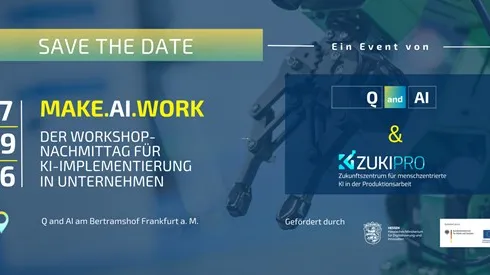 Plakat mit Veranstaltungshinweis für Workshop-Nachmittag zur KI-Implementierung in Unternehmen am 17.09.2026 in Frankfurt mit Logos von Q and AI, ZUKIPRO und Förderhinweisen.