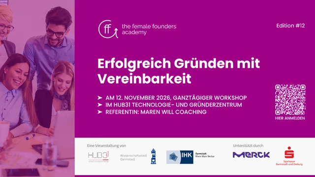 Plakat mit lila Hintergrund und weißer Schrift für die female founders academy Edition #12 mit Informationen zu einem Workshop am 12. November 2026 und einem QR-Code zum Anmelden