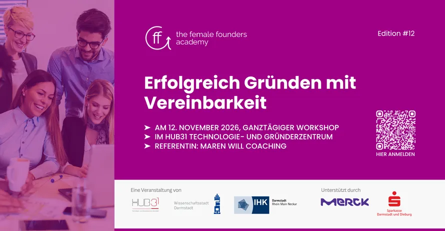Plakat mit lila Hintergrund und weißer Schrift für die female founders academy Edition #12 mit Informationen zu einem Workshop am 12. November 2026 und einem QR-Code zum Anmelden