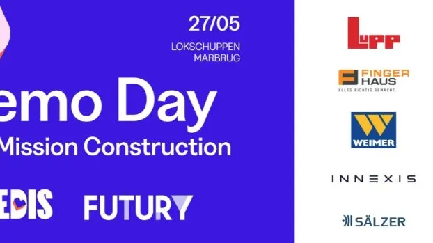 Plakat mit Text 'Demo Day The Mission Construction' und Datum '27/05 Lokschuppen Marburg' auf blauem Hintergrund links, rechts Logos von Unternehmen in einer vertikalen Reihe