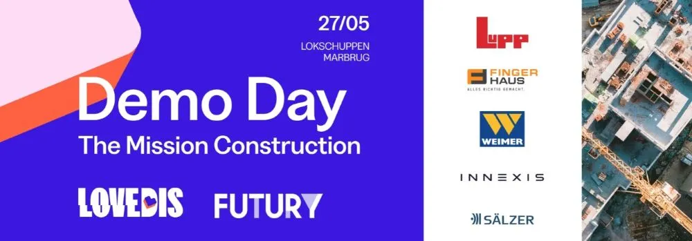 Plakat mit Text 'Demo Day The Mission Construction' und Datum '27/05 Lokschuppen Marburg' auf blauem Hintergrund links, rechts Logos von Unternehmen in einer vertikalen Reihe