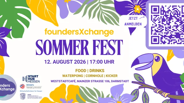 Plakat mit lila und gelben Blumen, QR-Code und Text zu einem Sommerfest am 12. August 2026 in Darmstadt mit Essen, Getränken und Spielen