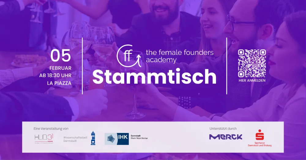 Plakat mit Text zu einem Stammtisch der Female Founders Academy am 5. Februar ab 18:30 Uhr in La Piazza, mit Logos von Unterstützern und Veranstaltern sowie einem QR-Code zum Anmelden