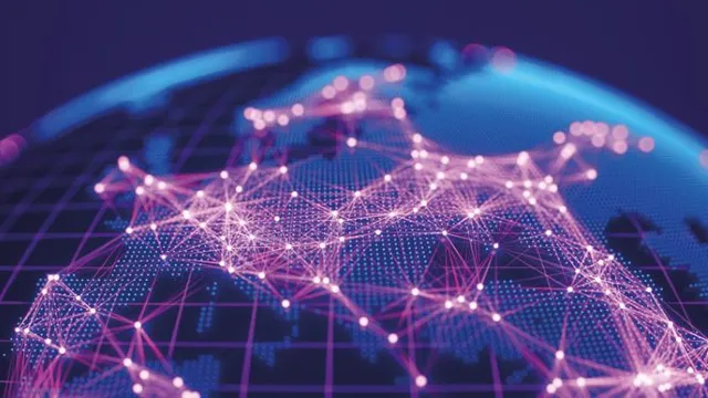 Digitale Weltkugel mit leuchtenden Netzwerkknoten und Verbindungen auf dunklem Hintergrund