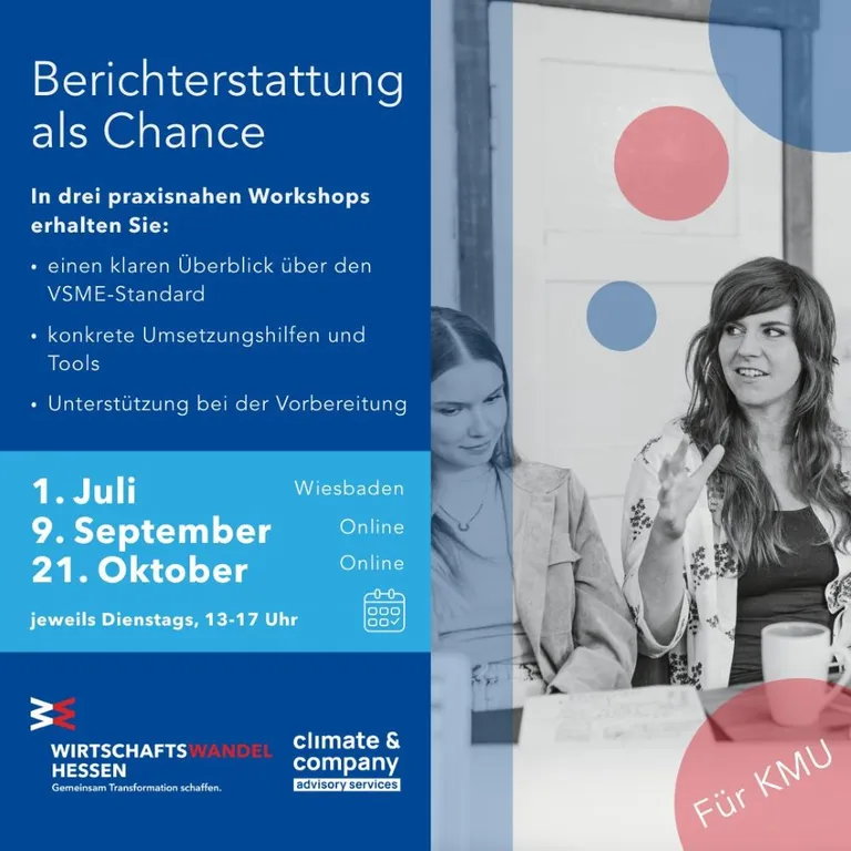 Plakat für Workshops zur Berichterstattung mit Terminen am 1. Juli in Wiesbaden, 9. September und 21. Oktober online, Fokus auf VSME-Standard und Unterstützung für KMU.
