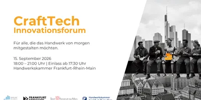 Plakat für das CraftTech Innovationsforum mit Veranstaltungsdetails und schwarz-weißer Fotomontage von fünf Personen auf einem Stahlträger über einer Stadtansicht