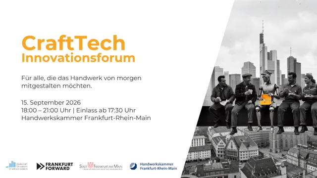 Plakat für das CraftTech Innovationsforum mit Veranstaltungsdetails und schwarz-weißer Fotomontage von fünf Personen auf einem Stahlträger über einer Stadtansicht