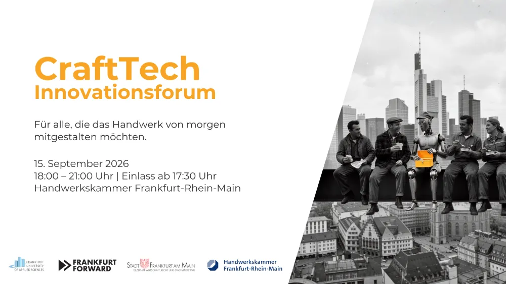 Plakat für das CraftTech Innovationsforum mit Veranstaltungsdetails und schwarz-weißer Fotomontage von fünf Personen auf einem Stahlträger über einer Stadtansicht