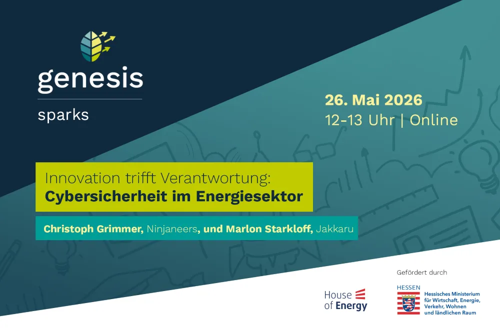 Plakat mit Veranstaltungshinweis zu Cybersicherheit im Energiesektor am 26. Mai 2026 von 12 bis 13 Uhr online mit den Referenten Christoph Grimmer, Ninjaneers, und Marlon Starkloff, Jakkaru, gefördert vom Hessischen Ministerium für Wirtschaft, Energie, Ve