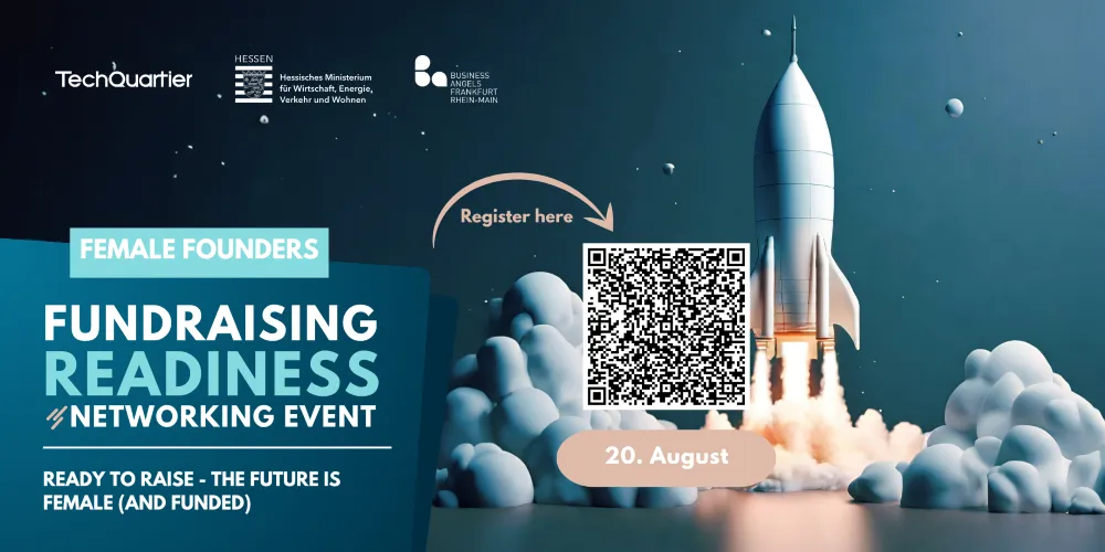 Plakat für Female Founders Fundraising Readiness Networking Event am 20. August mit QR-Code zum Registrieren, Rakete startet in den Himmel