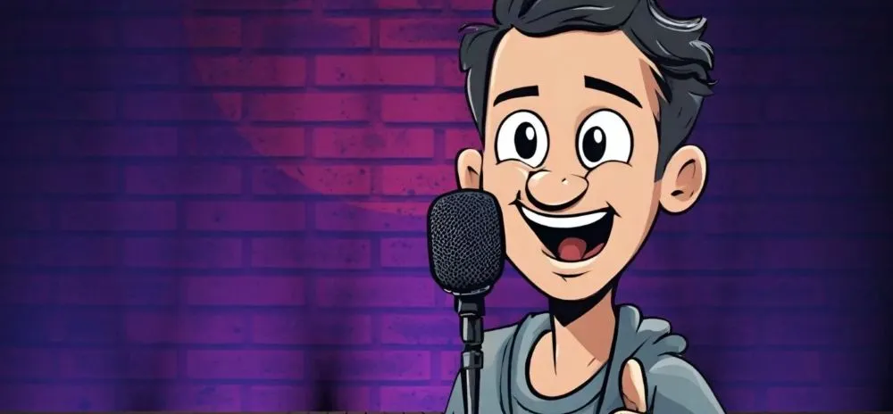 Zeichnung einer Person mit Mikrofon vor einer Ziegelsteinwand