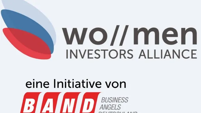 Logo mit stilisierten blauen und roten Formen neben dem Schriftzug 'wo//men INVESTORS ALLIANCE' und darunter der Text 'eine Initiative von' sowie das Logo von 'BAND BUSINESS ANGELS DEUTSCHLAND' in roter und schwarzer Schrift